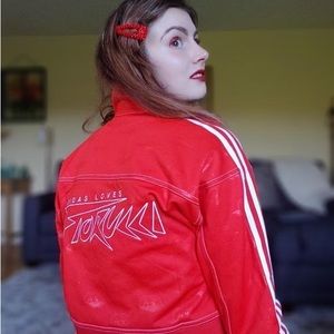 FIORUCCI X adidas red denim jacquard track top